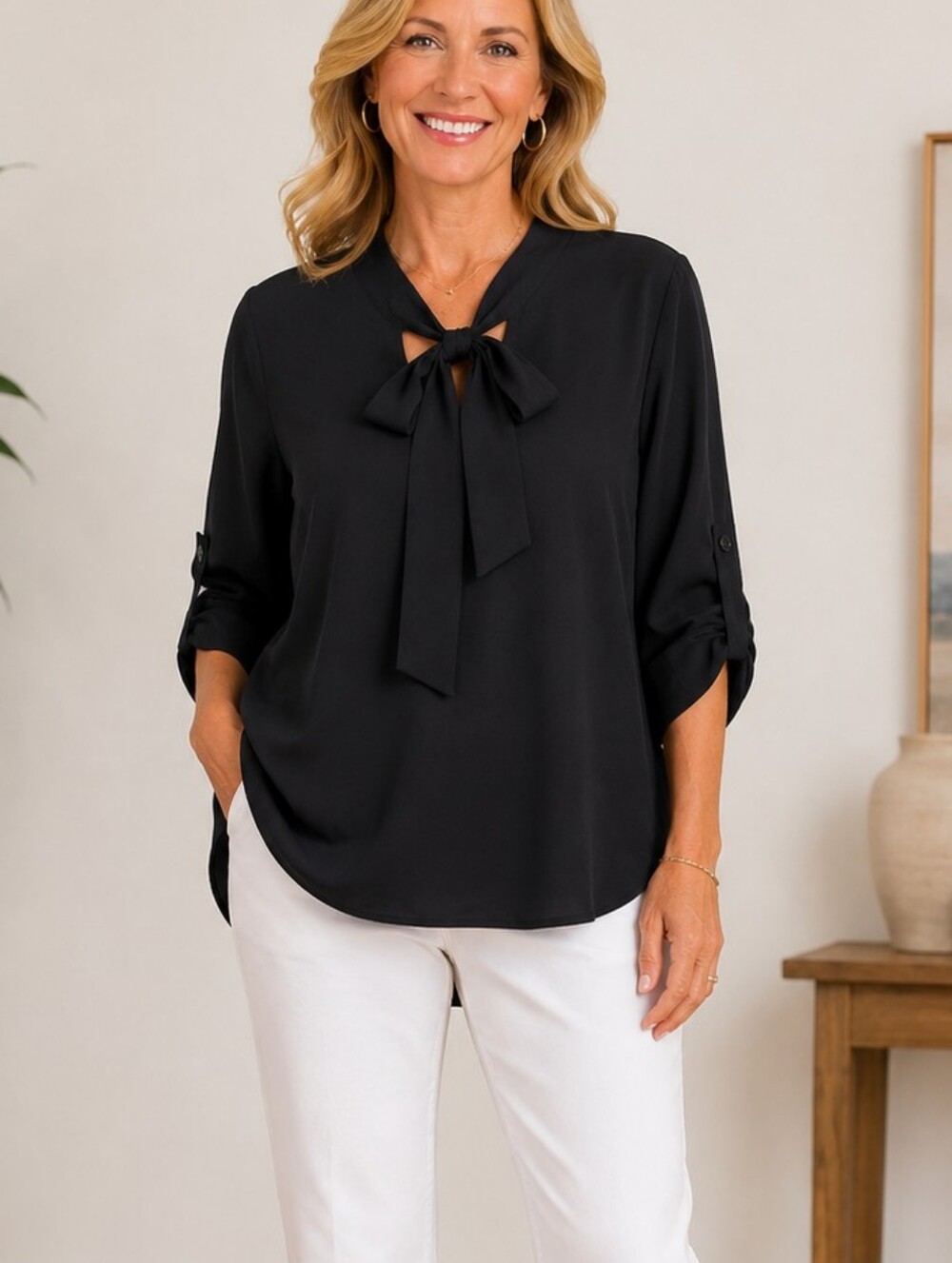 Women's Black Top with Front Bow Tie Detail - NWT